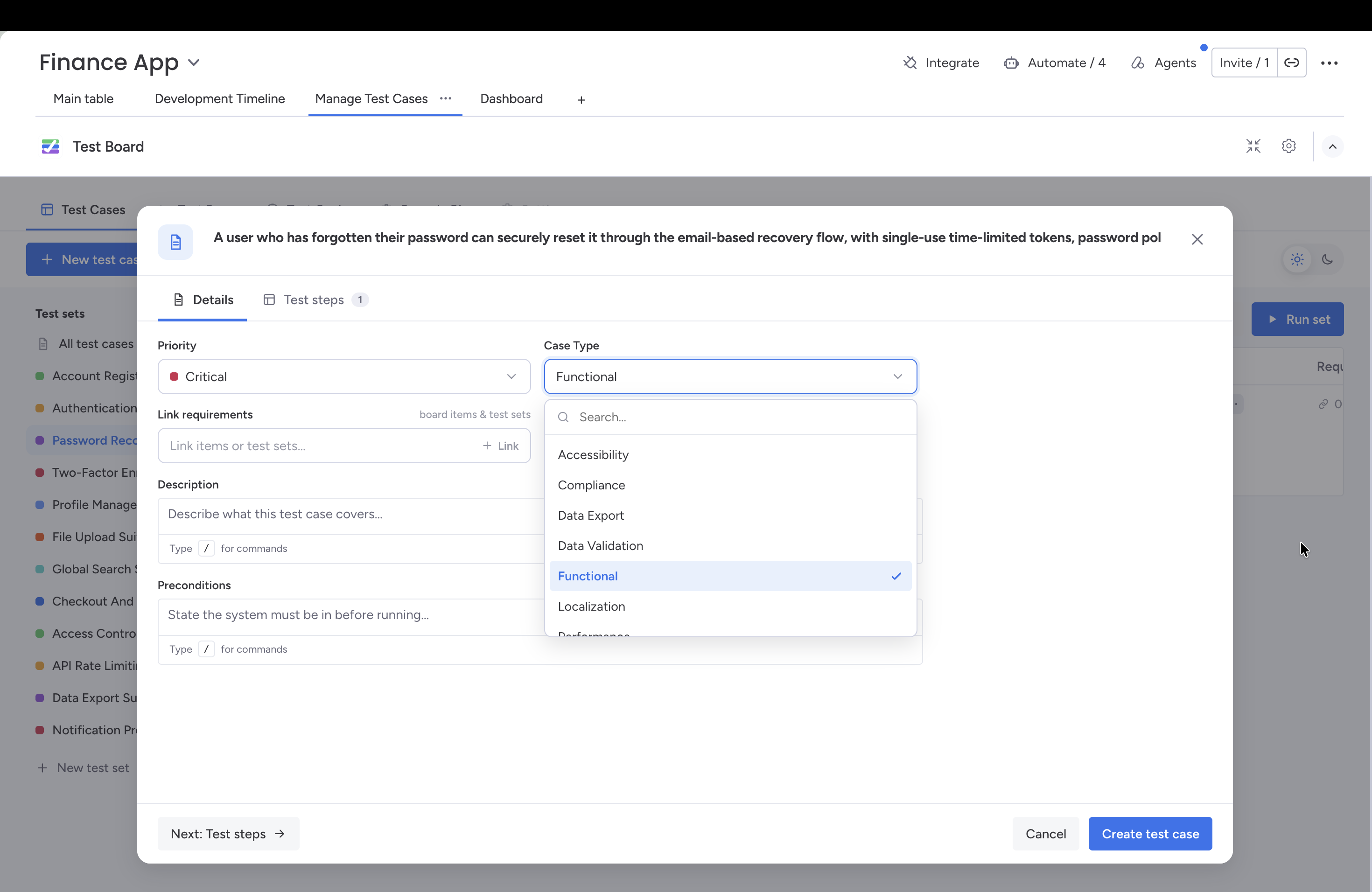 The new test case creation window in Test Board, with steps and expected results inside monday.com.